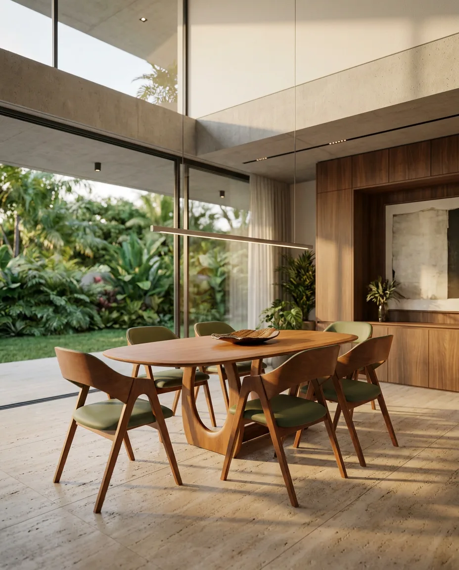 Mesa de jantar oval em madeira maciça com base escultural e seis cadeiras estofadas em verde-oliva, em sala de jantar com vista para o jardim